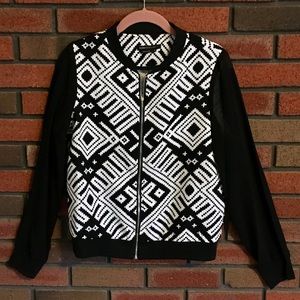BCBG printed bomber jacket with sheer sleeves
